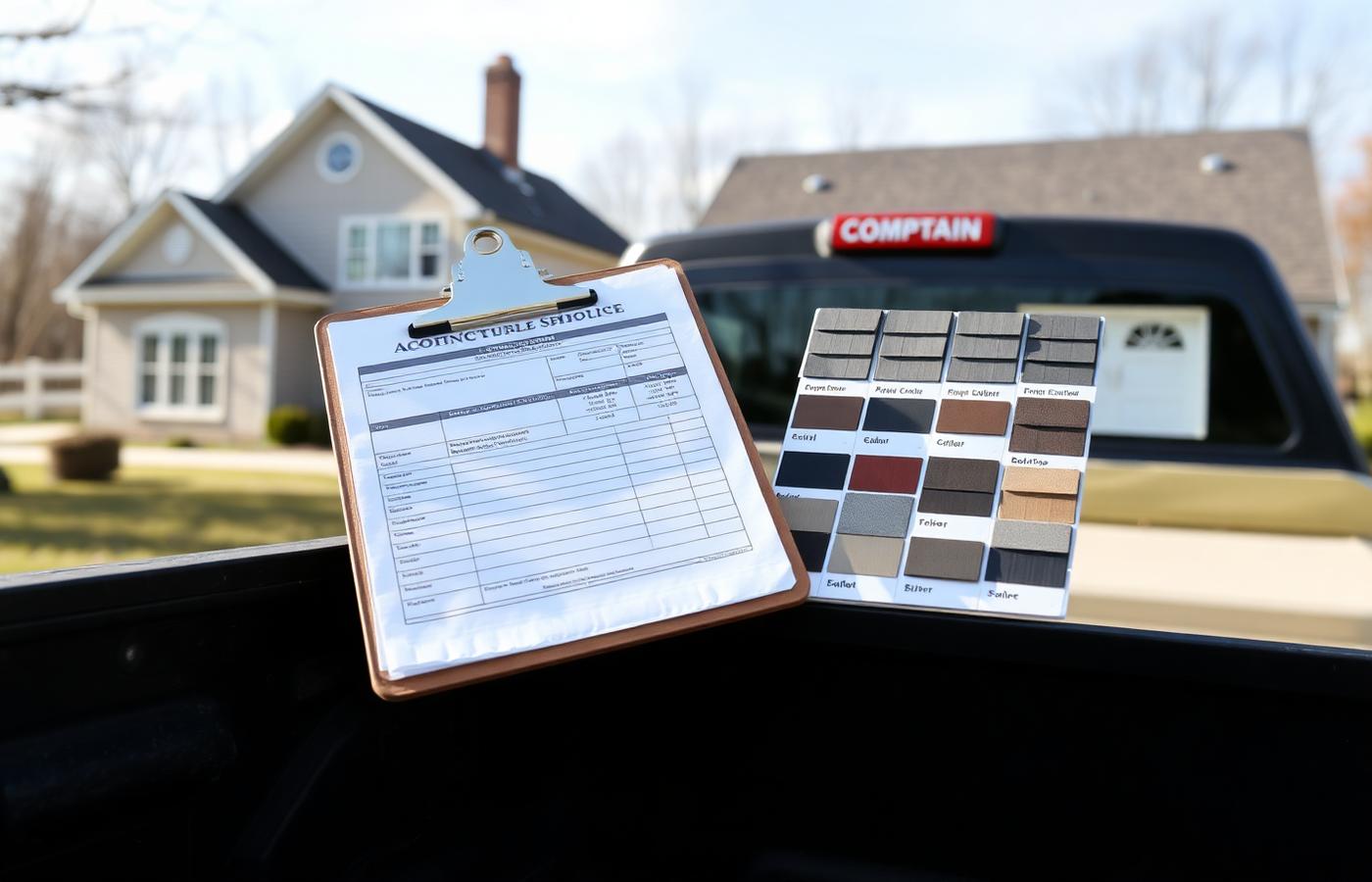 Written roofing estimate on a clipboard beside architectural shingle color samples outside an Ohio home — illustration for “How Much Does a Roof Replacement Cost in Troy, Ohio?”