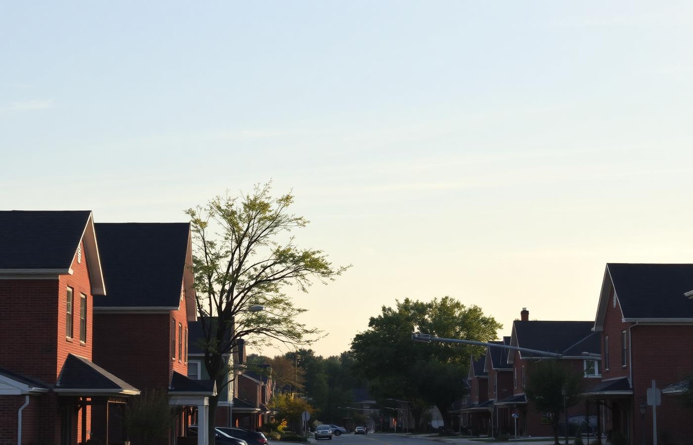 Tree-lined street of brick homes with dark shingle roofs in a small Ohio town — illustration for “How to Choose a Roofing Contractor in the Miami Valley”