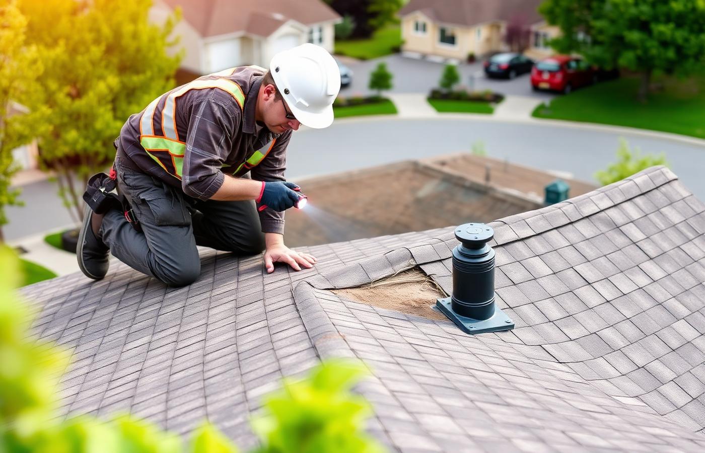 Roofing inspector checking pipe flashing and shingle condition on a suburban Ohio roof — illustration for “10 Signs You Need a New Roof (Not Just a Repair)”